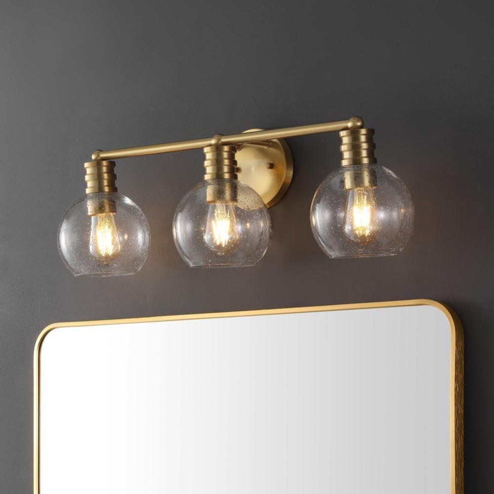 image:imageSAFAVIEH Lighting Collection Sunetta BlackClear Glass Globe Shade 3Light Wall Sconce Light Fixture Ideal for Bathroom Entryway Vanity Over Mirror Foyer Living Room LED Bulbs IncludedBrass