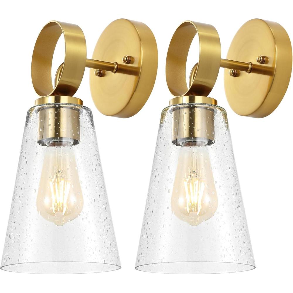 image:imageSAFAVIEH Lighting Collection Taelor BrassClear Glass Shade Wall Sconce Set of 2 Light Fixture Ideal for Bathroom Entryway Vanity Foyer Hallway Living Room LED Bulbs Included