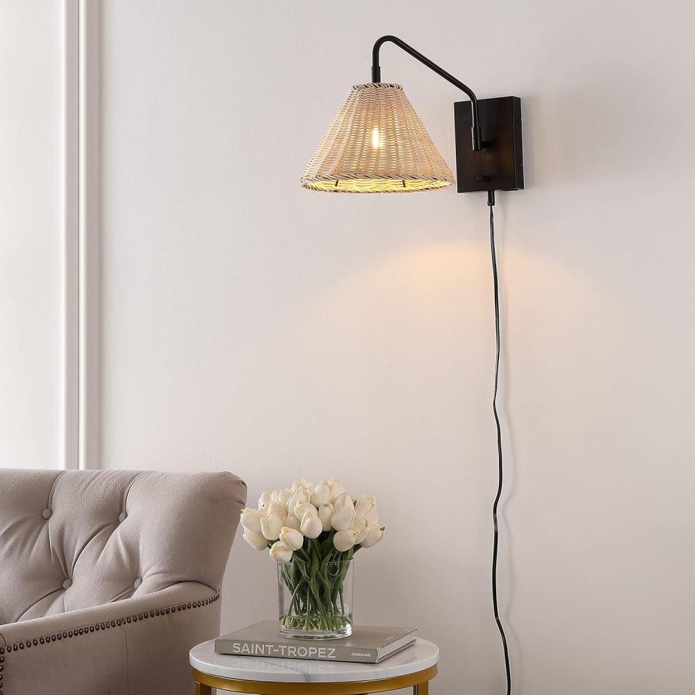 image:imageSAFAVIEH Lighting Collection Tressa Boho Coastal Natural RattanBlack USB Port Wall Sconce Set of 2