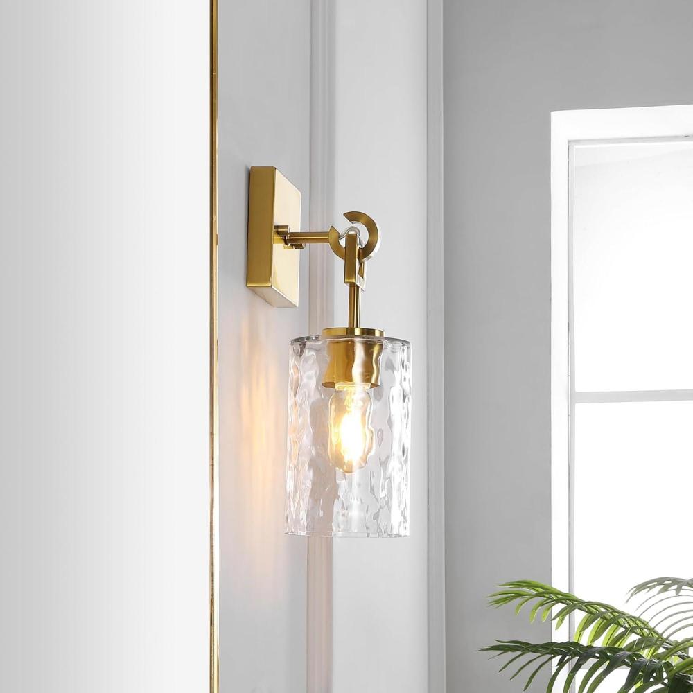 image:imageSAFAVIEH Lighting Collection Tyrosa BrassClear Glass Shade Wall Sconce Set of 2 Light Fixture Ideal for Bathroom Entryway Vanity Foyer Hallway Living Room LED Bulbs Included