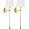 SAFAVIEH Lighting Collection Athene Brass/Clear Vertical Wall Sconce Set of 2 Light Fixture, with White Shade Ideal for Bathroom, Entryway, Vanity, Foyer, Hallway, Living Room (LED Bulbs Included)