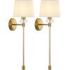 SAFAVIEH Lighting Collection Athene Brass/Clear Vertical Wall Sconce Set of 2 Light Fixture, with White Shade Ideal for Bathroom, Entryway, Vanity, Foyer, Hallway, Living Room (LED Bulbs Included)
