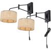 SAFAVIEH Lighting Collection Bramley Boho Coastal Natural Rattan/Brass USB Port Wall Sconce Set of 2(Natural/Black)