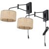 SAFAVIEH Lighting Collection Bramley Boho Coastal Natural Rattan/Brass USB Port Wall Sconce Set of 2(Natural/Black)