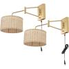 SAFAVIEH Lighting Collection Bramley Boho Coastal Natural Rattan/Brass USB Port Wall Sconce Set of 2(Natural/Brass)