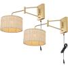 SAFAVIEH Lighting Collection Bramley Boho Coastal Natural Rattan/Brass USB Port Wall Sconce Set of 2(Natural/Brass)