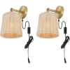 SAFAVIEH Lighting Collection Ciaran Boho Coastal Natural Rattan/Black Wall Sconce Set of 2(Natural/Brass)