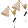 SAFAVIEH Lighting Collection Oswynn Boho Coastal Natural Rattan/Brass USB Port Wall Sconce Set of 2(Natural/Brass)