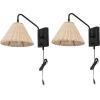 SAFAVIEH Lighting Collection Tressa Boho Coastal Natural Rattan/Black USB Port Wall Sconce Set of 2