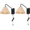 SAFAVIEH Lighting Collection Tressa Boho Coastal Natural Rattan/Black USB Port Wall Sconce Set of 2