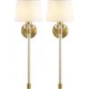 SAFAVIEH Lighting Collection Athene Brass/Clear Vertical Wall Sconce Set of 2 Light Fixture, with White Shade Ideal for Bathroom, Entryway, Vanity, Foyer, Hallway, Living Room (LED Bulbs Included)
