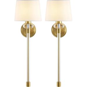 SAFAVIEH Lighting Collection Athene Brass/Clear Vertical Wall Sconce Set of 2 Light Fixture, with White Shade Ideal for Bathroom, Entryway, Vanity, Foyer, Hallway, Living Room (LED Bulbs Included)