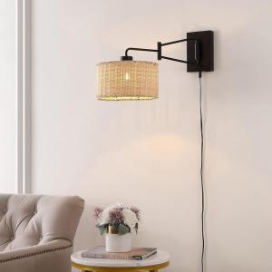 SAFAVIEH Lighting Collection Bramley Boho Coastal Natural Rattan/Brass USB Port Wall Sconce Set of 2(Natural/Black)