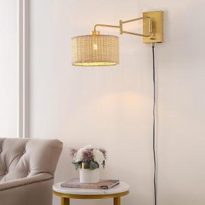 SAFAVIEH Lighting Collection Bramley Boho Coastal Natural Rattan/Brass USB Port Wall Sconce Set of 2(Natural/Brass)