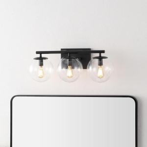 SAFAVIEH Lighting Collection Charlene Chrome/Clear Glass Globe Shade 3-Light Wall Sconce Light Fixture, Ideal for Bathroom, Entryway, Vanity Over Mirror, Foyer, Living Room (LED Bulbs Included)(Black)