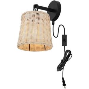 SAFAVIEH Lighting Collection Ciaran Boho Coastal Natural Rattan/Black Wall Sconce Set of 2(Natural/Black)
