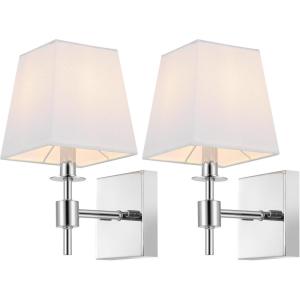 SAFAVIEH Lighting Collection Clauren Chrome Wall Sconce Set of 2 Light Fixture, with White Shade Ideal for Bathroom, Entryway, Vanity, Foyer, Hallway, Living Room (LED Bulbs Included)(Chrome)