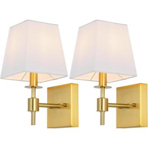 SAFAVIEH Lighting Collection Clauren Chrome Wall Sconce Set of 2 Light Fixture, with White Shade Ideal for Bathroom, Entryway, Vanity, Foyer, Hallway, Living Room (LED Bulbs Included)(Brass)