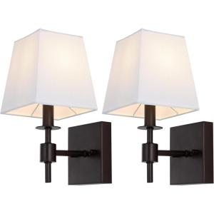 SAFAVIEH Lighting Collection Clauren Chrome Wall Sconce Set of 2 Light Fixture, with White Shade Ideal for Bathroom, Entryway, Vanity, Foyer, Hallway, Living Room (LED Bulbs Included)(Oil Rub Bronze)