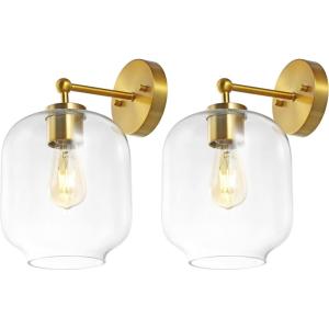 SAFAVIEH Lighting Collection Edie Black/Clear Glass Shade Wall Sconce Set of 2 Light Fixture, Ideal for Bathroom, Entryway, Vanity, Foyer, Hallway, Living Room (LED Bulbs Included)(Brass)