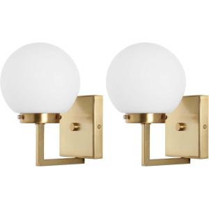 SAFAVIEH Lighting Collection Ganon Contemporary Brass/Clear Orb Wall Sconce Set of 2(Brass/White)