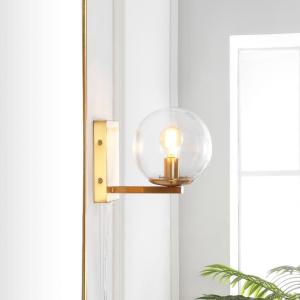 SAFAVIEH Lighting Collection Jurosa Brass/Clear Glass Globe Shade Wall Sconce Set of 2 Light Fixture, Ideal for Bathroom, Entryway, Vanity, Foyer, Hallway, Living Room (LED Bulbs Included)