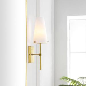 SAFAVIEH Lighting Collection Nanda Brass/White Shade Wall Sconce Light Fixture, Ideal for Bathroom, Entryway, Vanity, Foyer, Hallway, Living Room (LED Bulb Included)(Brass)