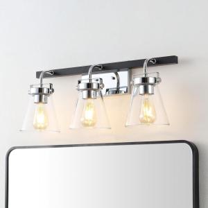 SAFAVIEH Lighting Collection Rayney Chrome/Black 3-Light Wall Sconce Light Fixture, Glass Shade Ideal for Bathroom, Vanity Over Mirror, Entryway, Foyer, Hallway, Living Room (LED Bulbs Included)(Chrome/Black)