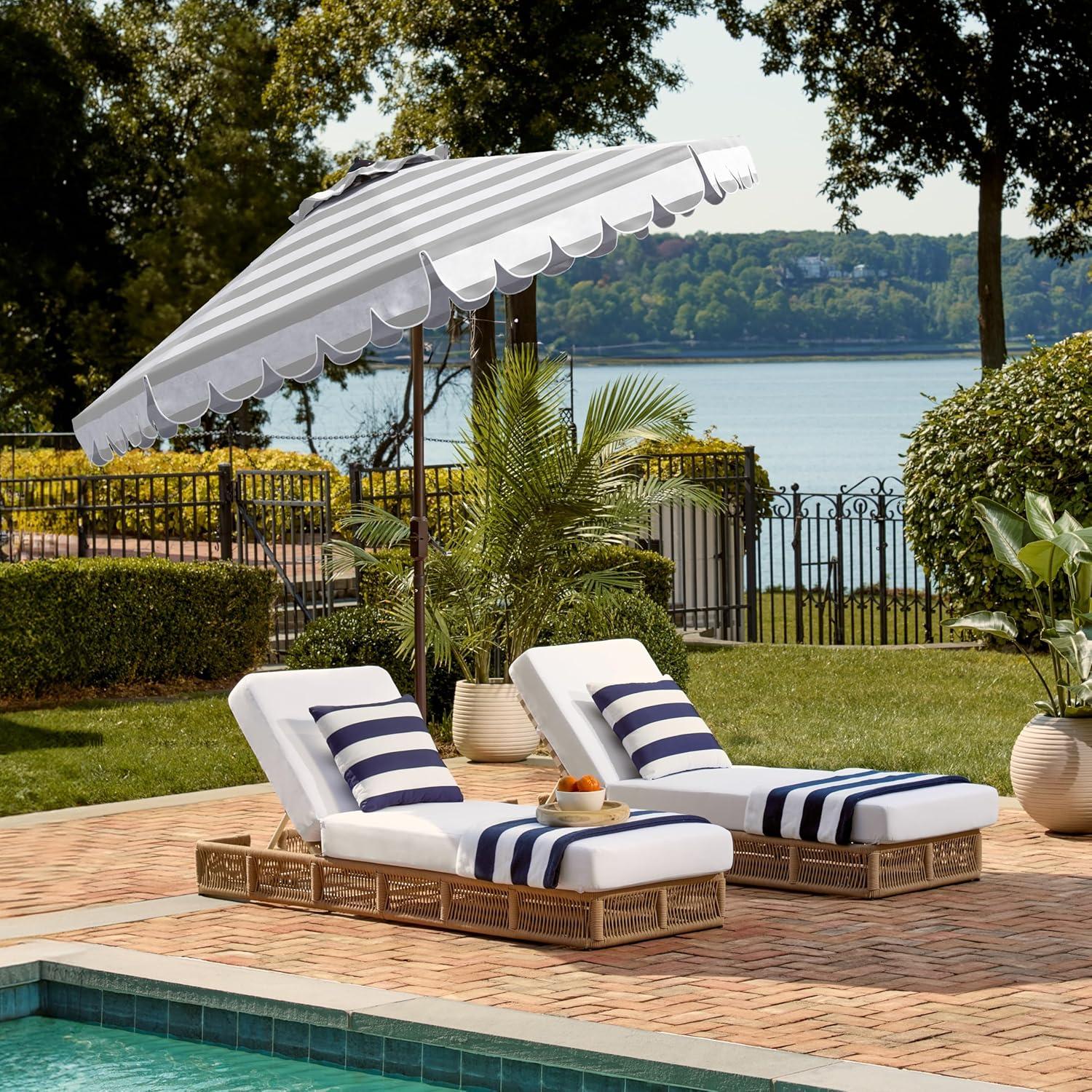 image:imageSAFAVIEH 9ft Outdoor Patio Umbrella Round Maui Collection Beige amp White Stripe Crank Button Tilt UV Resistant for Deck Backyard Patio PAT8011AGreyWhite