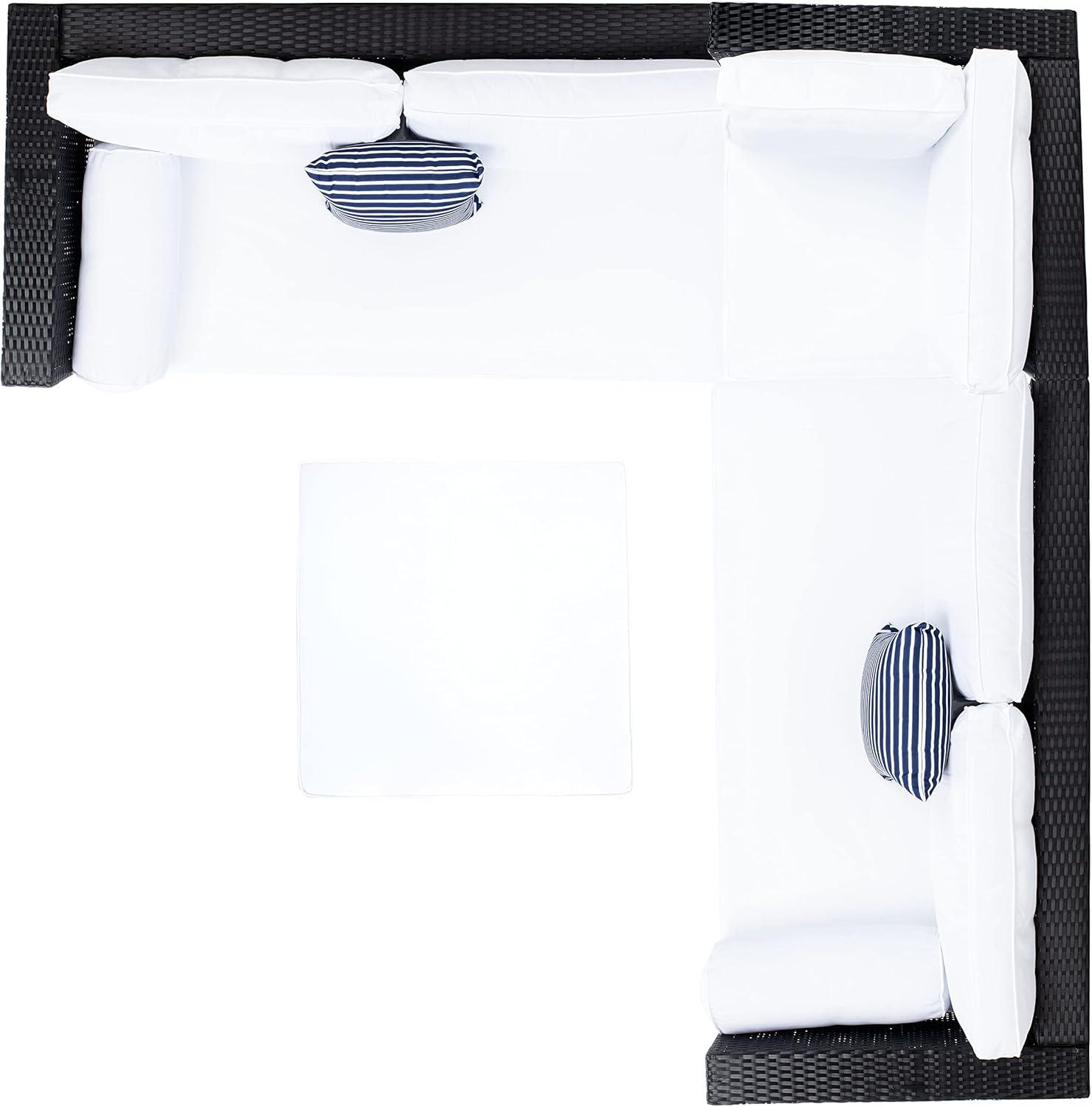 image:imageSAFAVIEH Outdoor Collection Analon Wicker Cushion Sectional Set PAT7716B3BX BeigeWhiteBlack White