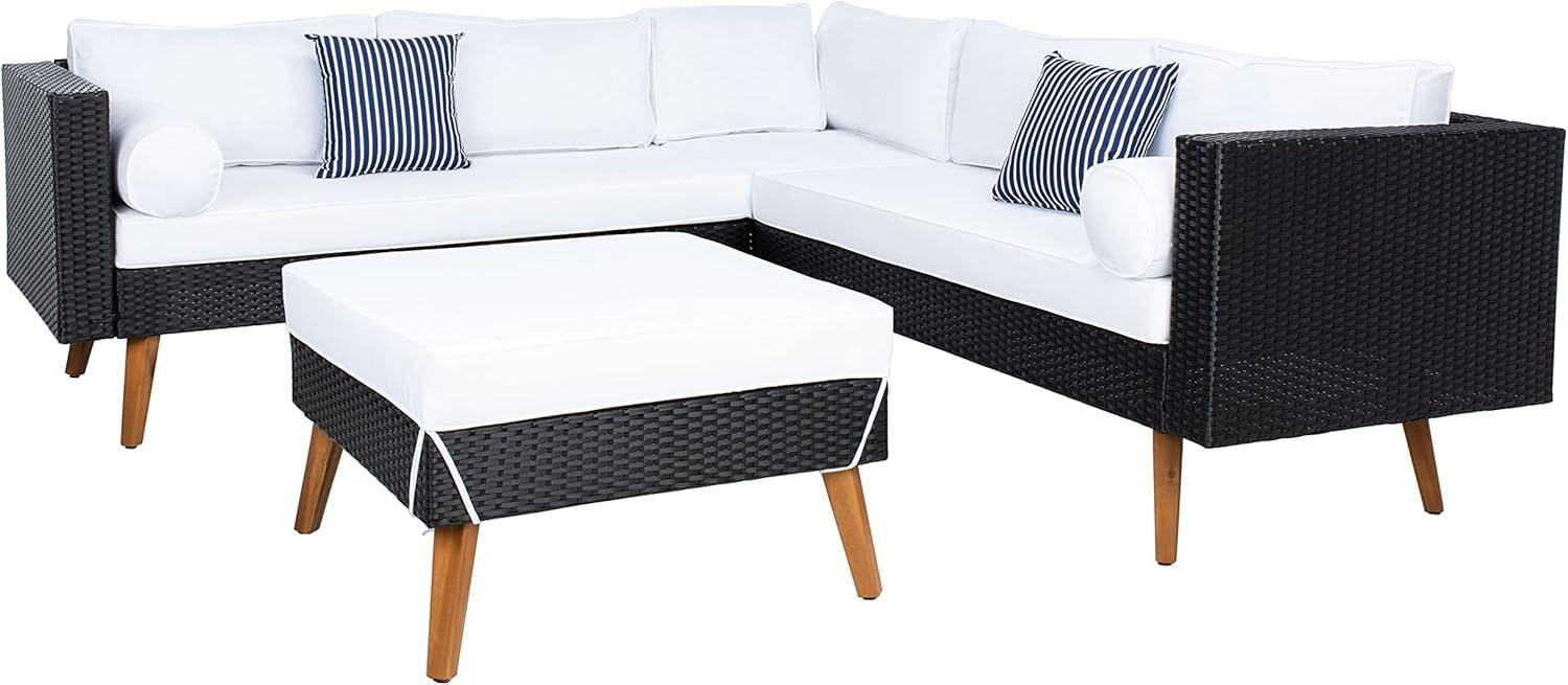 image:imageSAFAVIEH Outdoor Collection Analon Wicker Cushion Sectional Set PAT7716B3BX BeigeWhiteBlack White