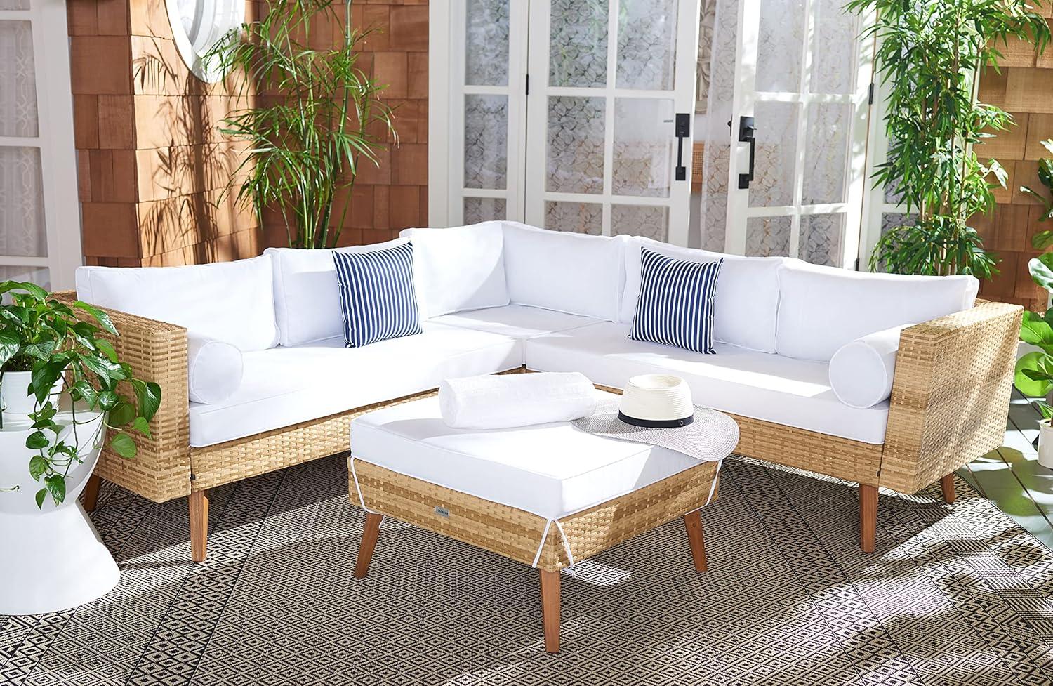image:imageSAFAVIEH Outdoor Collection Analon Wicker Cushion Sectional Set PAT7716B3BX BeigeWhiteNatural White