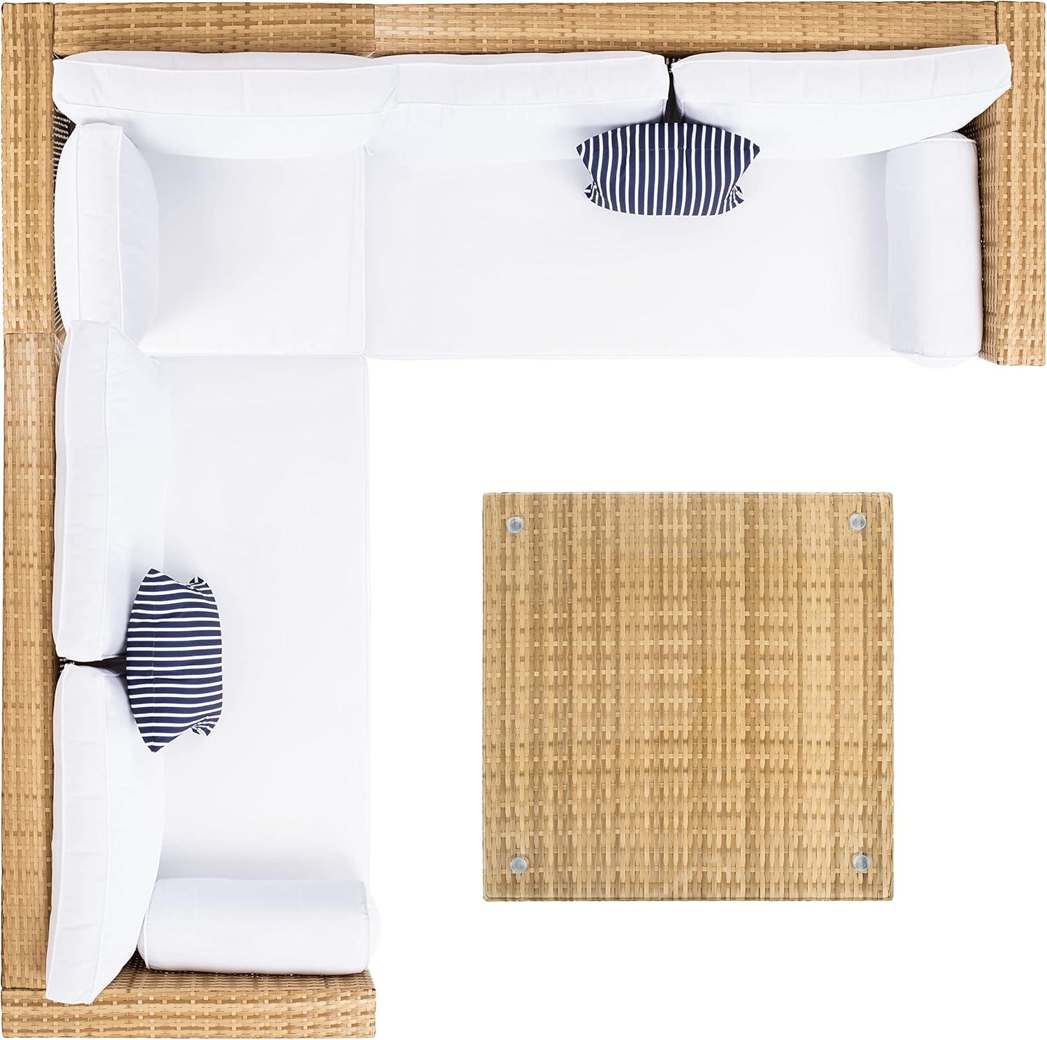 image:imageSAFAVIEH Outdoor Collection Analon Wicker Cushion Sectional Set PAT7716B3BX BeigeWhiteNatural White