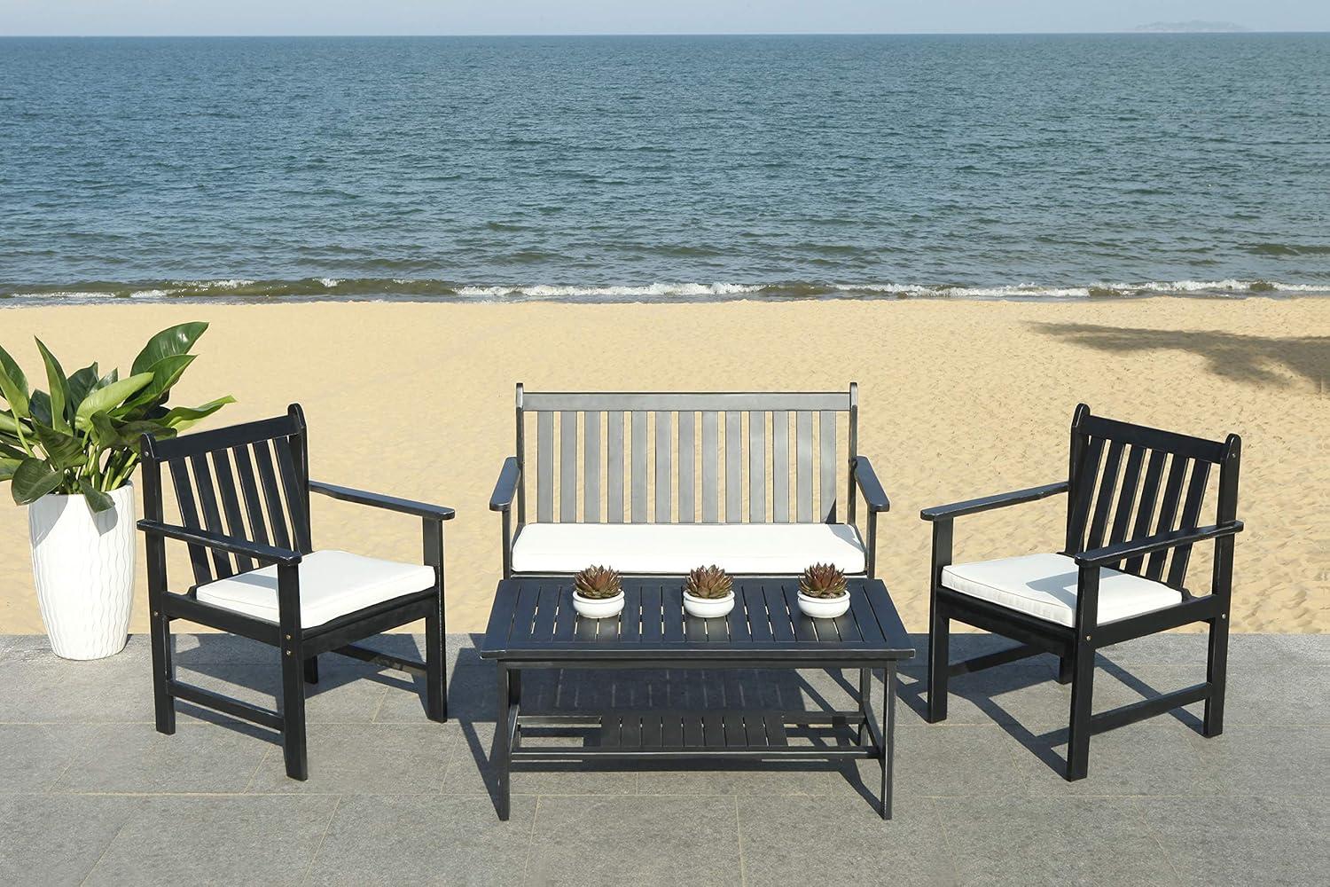 image:imageSAFAVIEH Outdoor Collection Burbank Black and White 4 Pc Outdoor SetBlack Beige