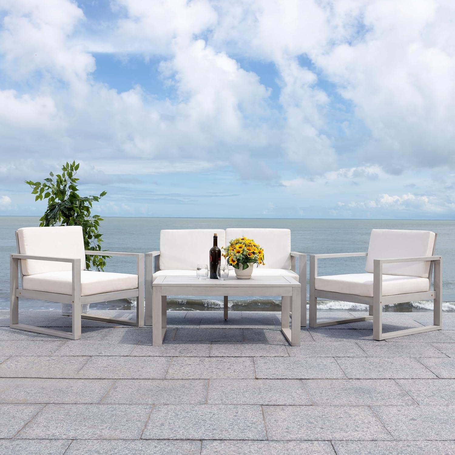 image:imageSAFAVIEH Outdoor Collection Emiko NaturalBeige Cushion Solid Wood 4Piece Conversation Patio SetGreyBeige