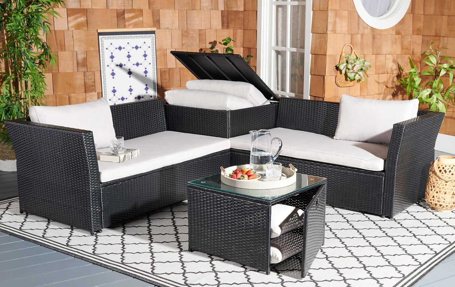 image:imageSAFAVIEH Outdoor Collection Helga BlackLight Grey Wicker Conversation Patio Set