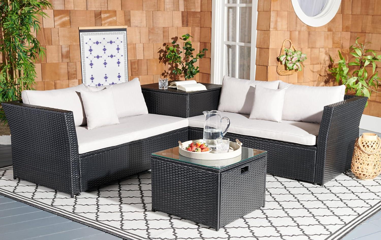 image:imageSAFAVIEH Outdoor Collection Helga BlackLight Grey Wicker Conversation Patio Set