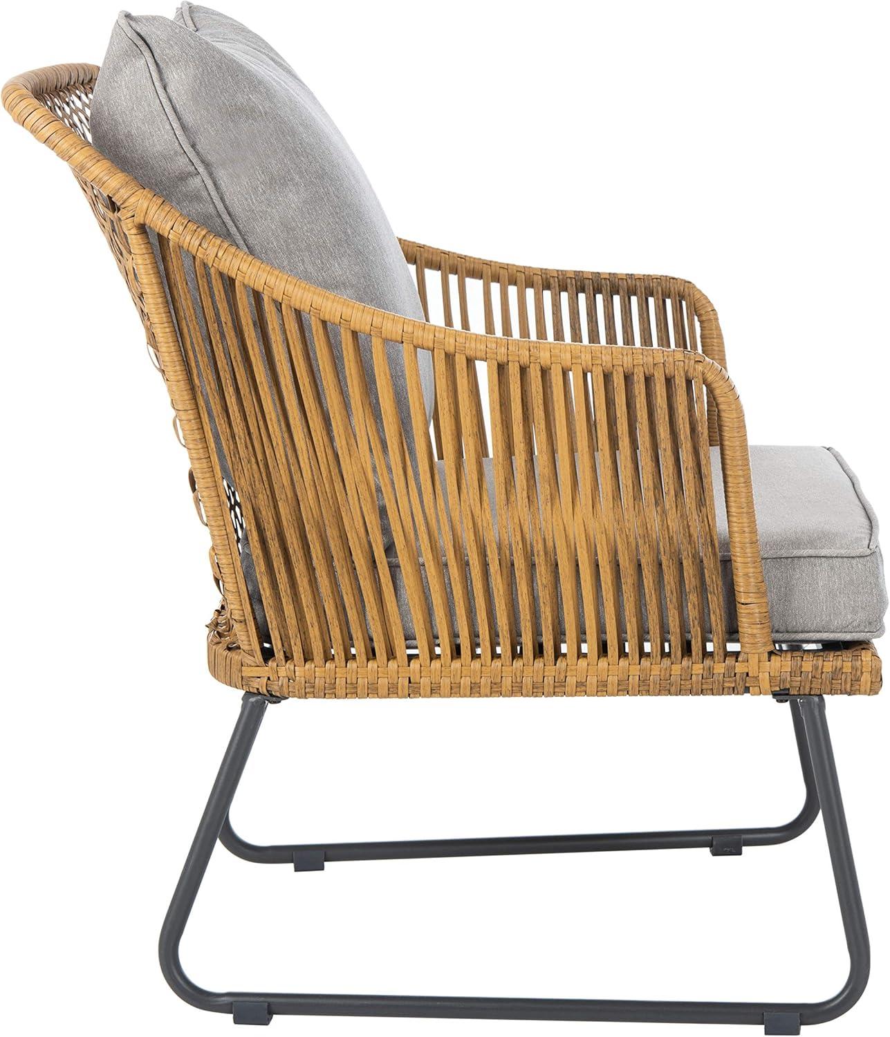 image:imageSAFAVIEH Outdoor Collection Jensen Natural Brown RattanGrey Seat Cushion 3Piece Patio Lounge Bistro Set with Table PAT9008ANatural Grey