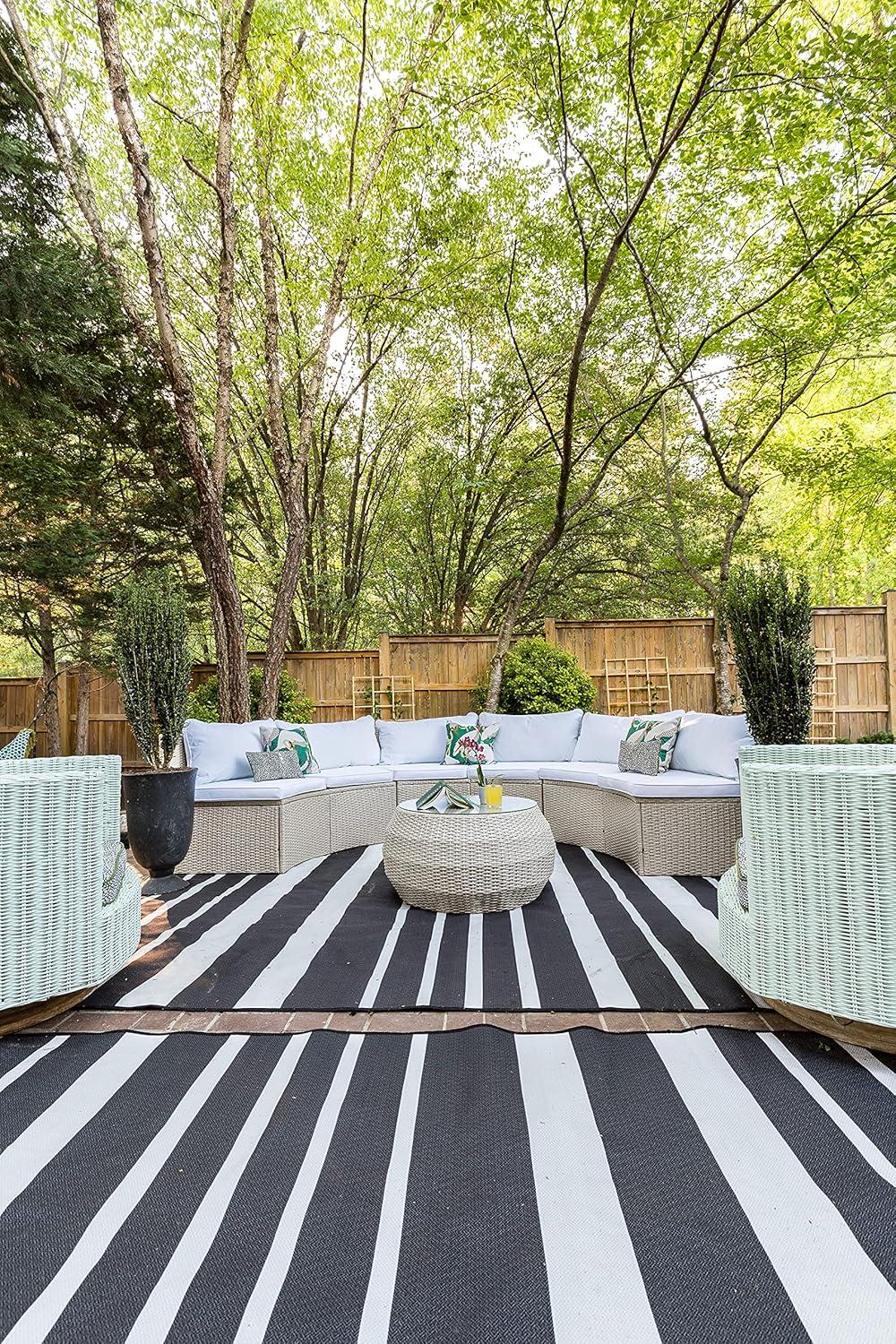 image:imageSAFAVIEH Outdoor Collection Jesvita BeigeWhite CushionNavy Thin Stripe Pillow Conversation Patio SetBeige White