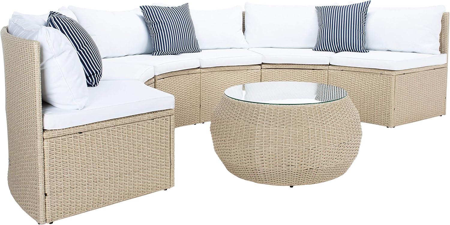 image:imageSAFAVIEH Outdoor Collection Jesvita BeigeWhite CushionNavy Thin Stripe Pillow Conversation Patio SetBeige White