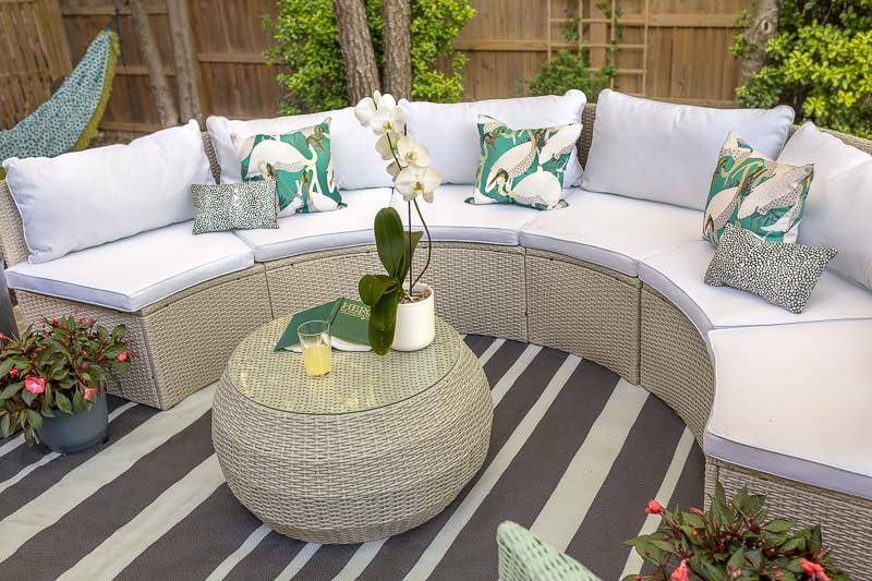 image:imageSAFAVIEH Outdoor Collection Jesvita BeigeWhite CushionNavy Thin Stripe Pillow Conversation Patio SetBeige White