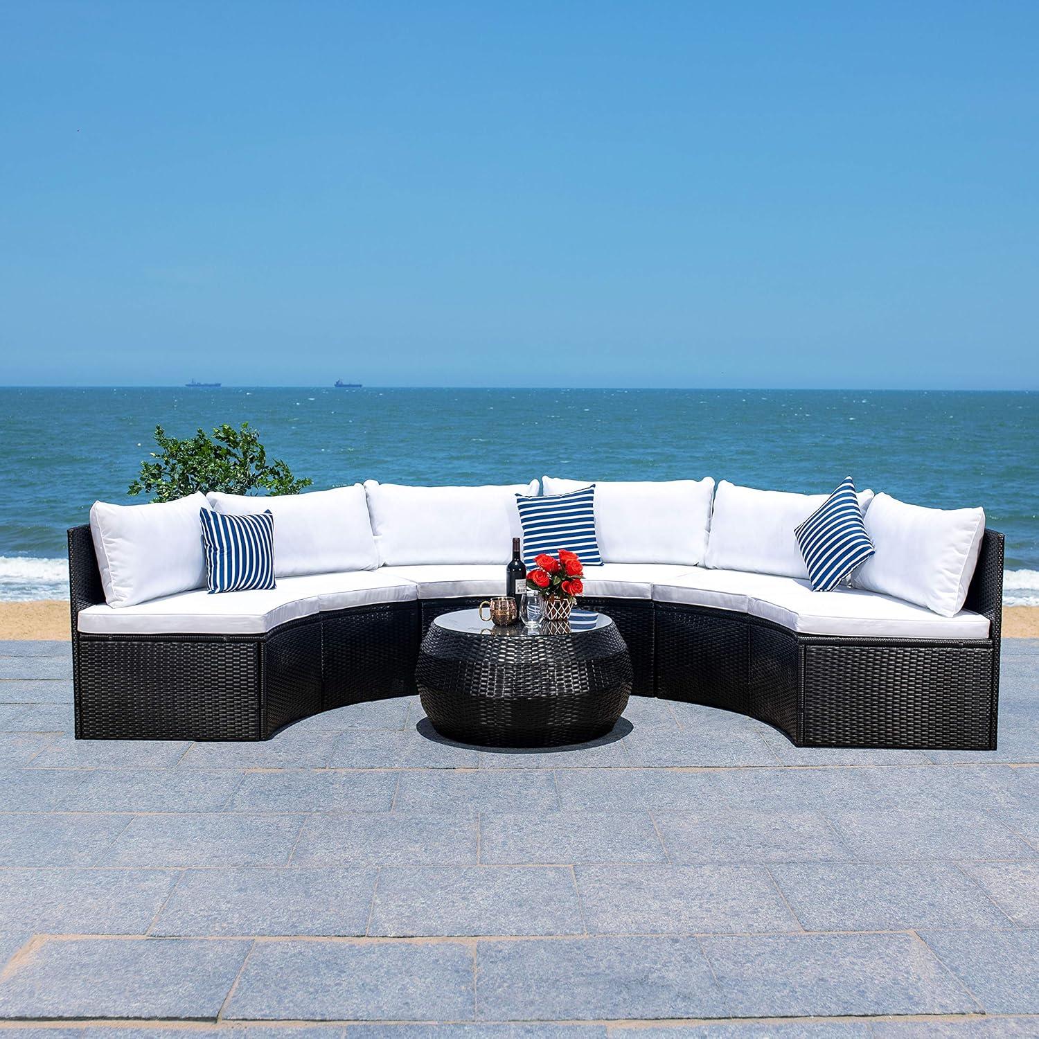 image:imageSAFAVIEH Outdoor Collection Jesvita BeigeWhite CushionNavy Thin Stripe Pillow Conversation Patio SetBlack White