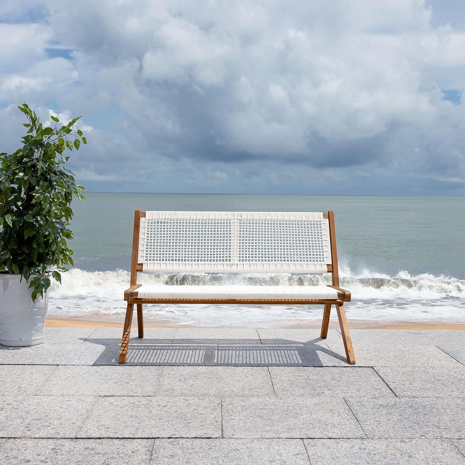 image:imageSAFAVIEH Outdoor Collection Kobina Black Acacia WoodBlack Rope Foldable BenchNaturalWhite