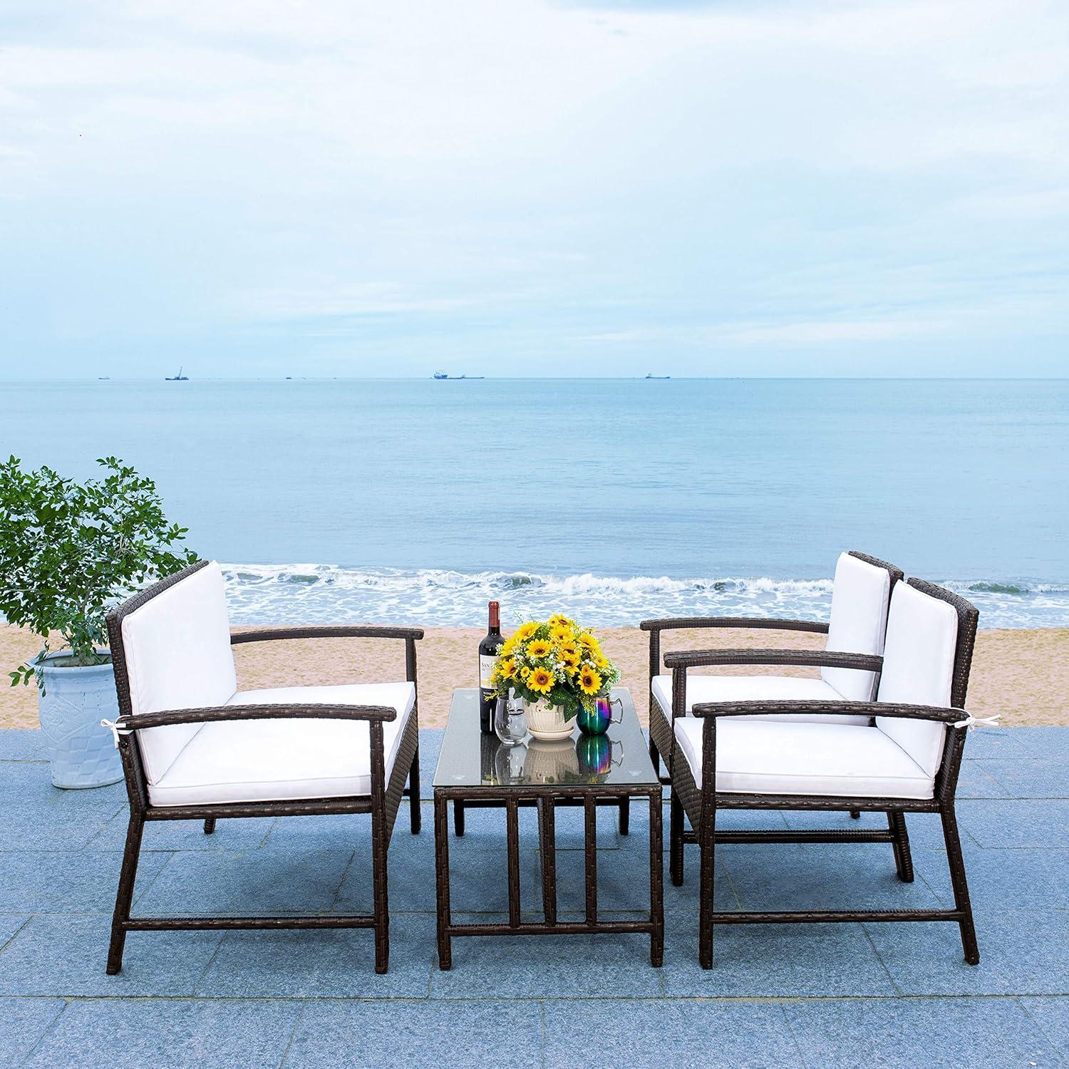 image:imageSAFAVIEH Outdoor Collection Krissy Wicker Cushion 4Piece Living Set PAT7711A BlackWhiteBrown White