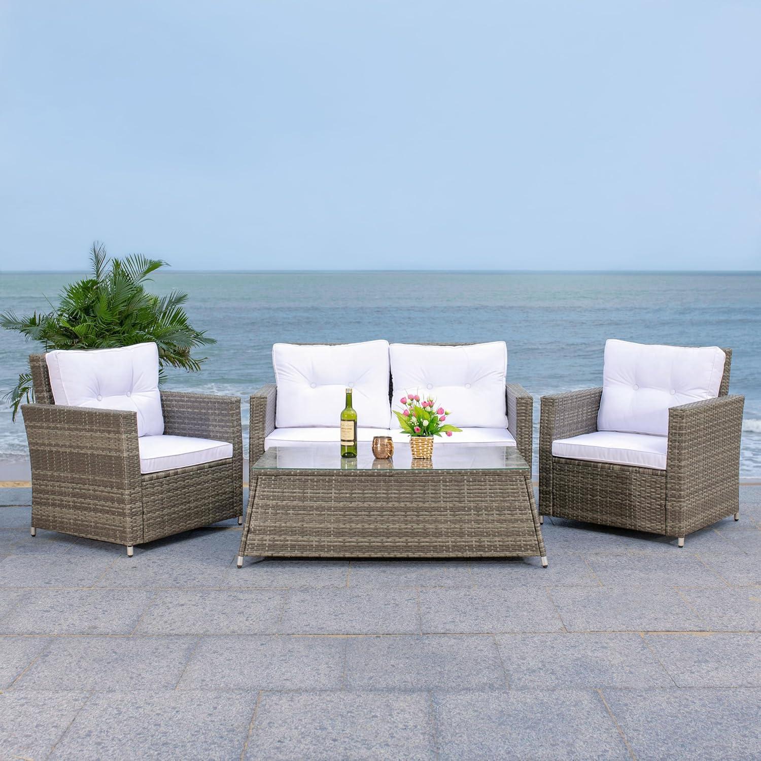 image:imageSAFAVIEH Outdoor Collection Lorma Grey BrownWhite Wicker 4Piece Conversation Patio Set