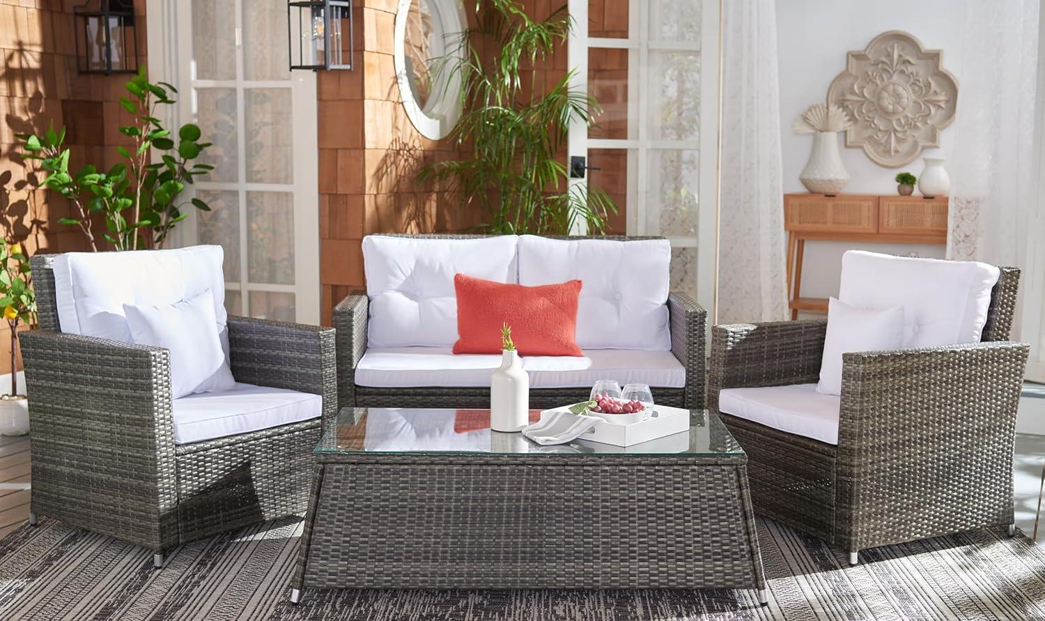 image:imageSAFAVIEH Outdoor Collection Lorma Grey BrownWhite Wicker 4Piece Conversation Patio Set