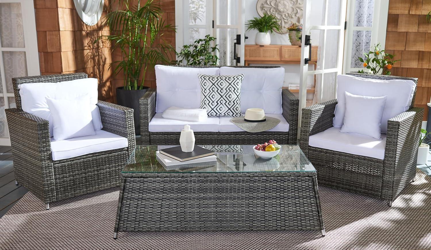 image:imageSAFAVIEH Outdoor Collection Lorma Grey BrownWhite Wicker 4Piece Conversation Patio Set