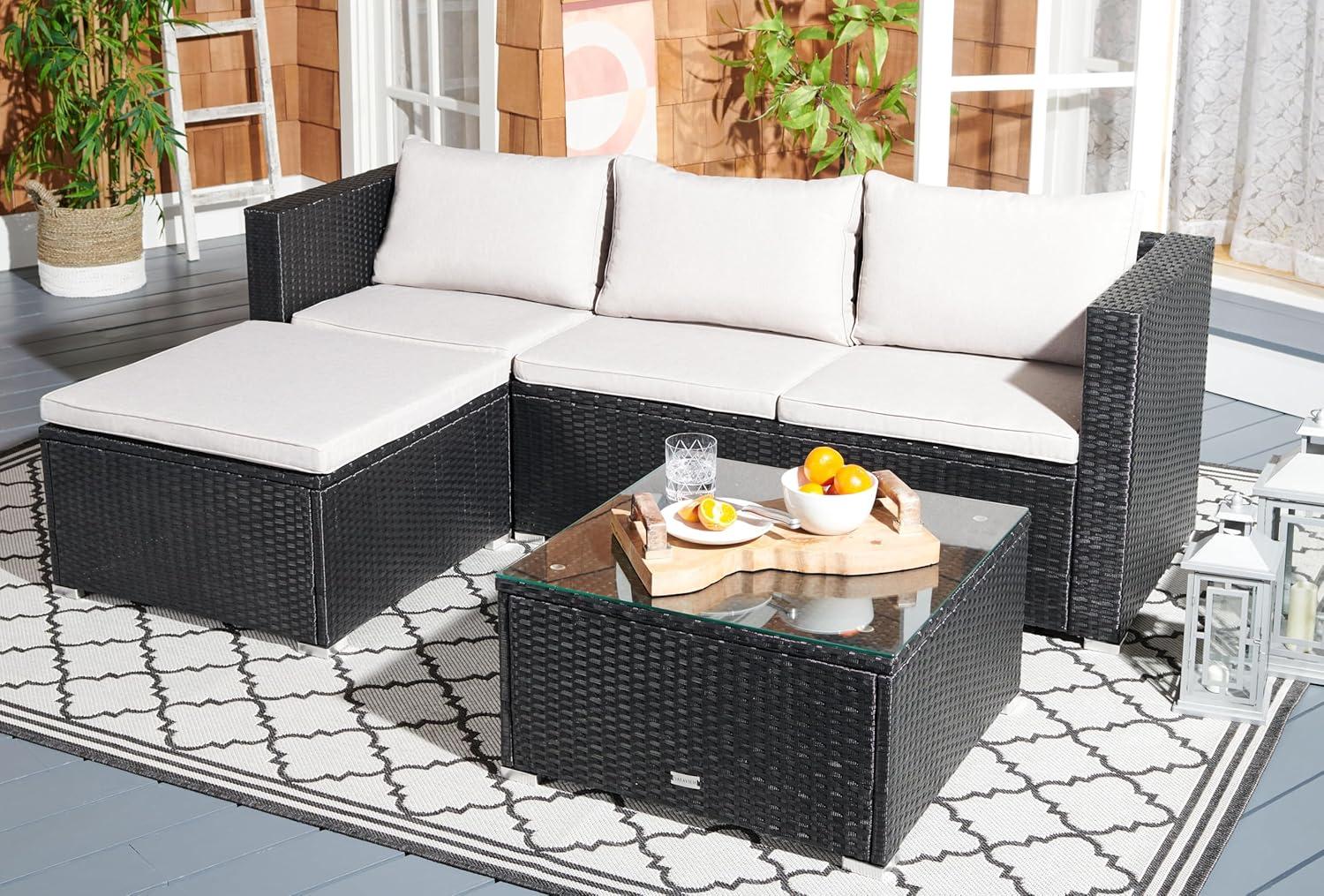 image:imageSAFAVIEH Outdoor Collection Madalina BlackLight Grey Wicker Conversation Patio Set