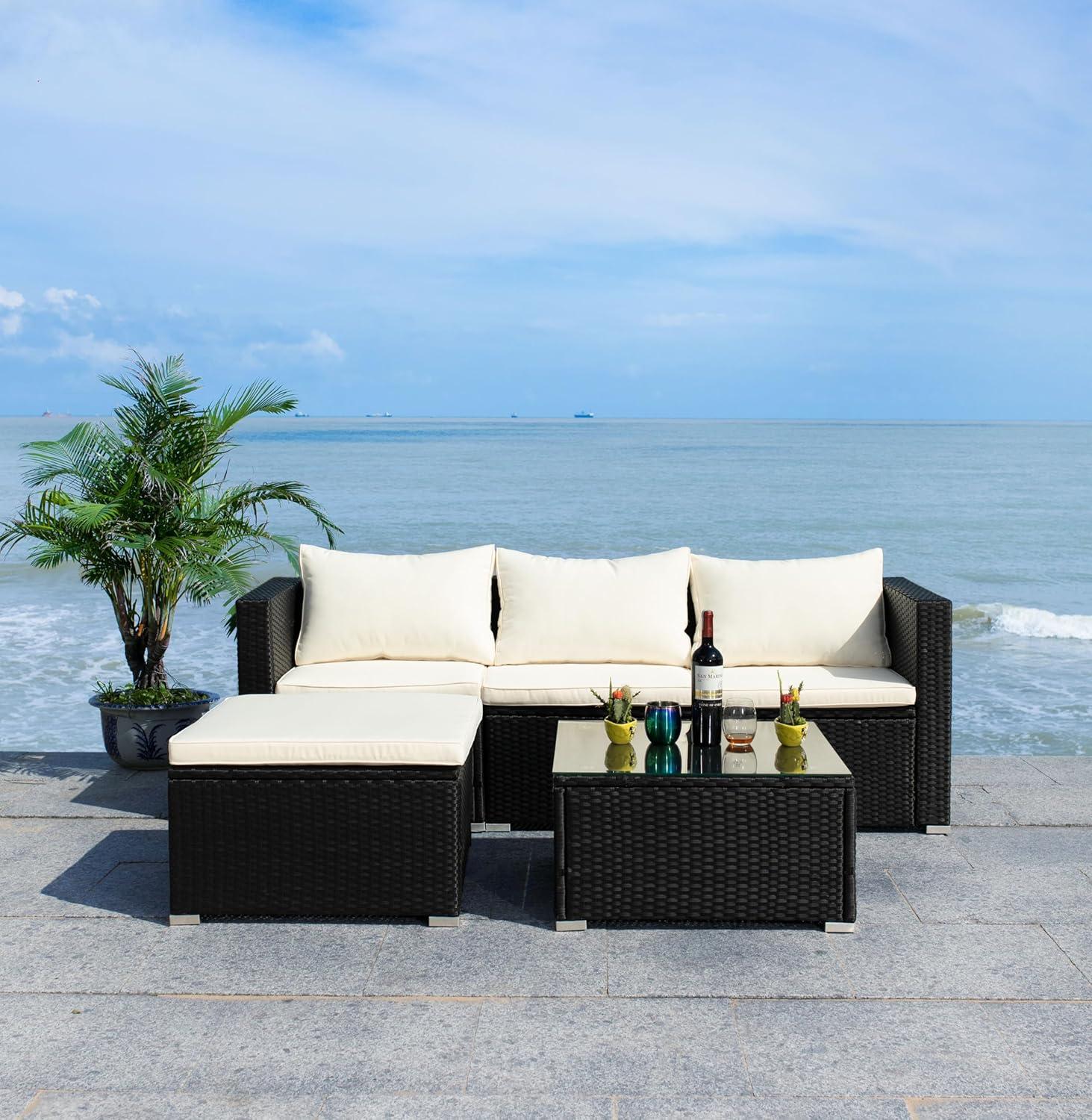 image:imageSAFAVIEH Outdoor Collection Madalina BlackLight Grey Wicker Conversation Patio Set