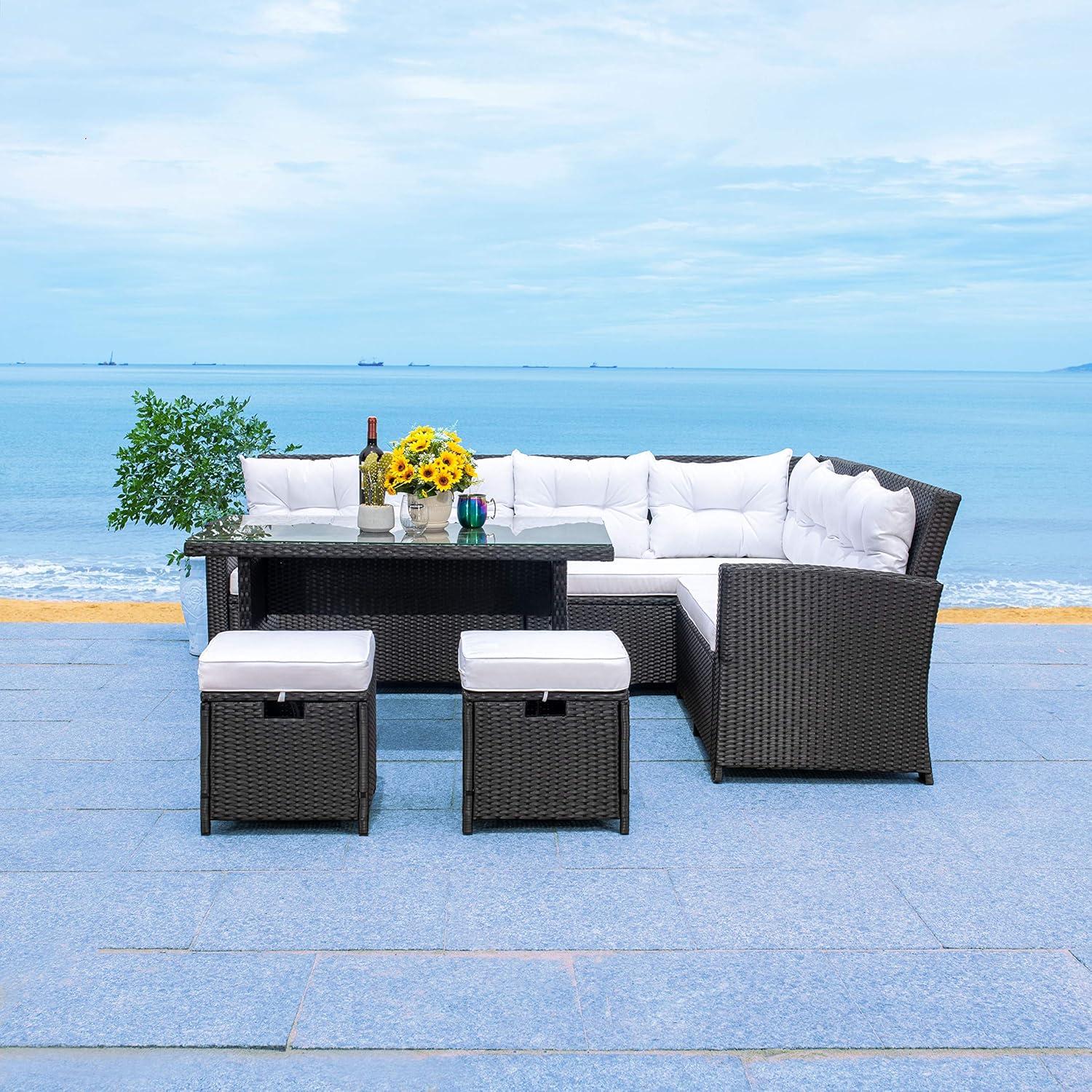 image:imageSAFAVIEH Outdoor Collection Miki BlackWhite Cushion Wicker 6Piece Corner SetBlack White
